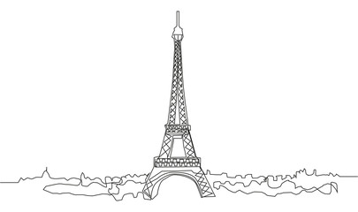 continuous line drawing of the Eiffel Tower in Paris attractions illustration.