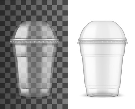 Plastic Cup With Dome Lid, Package Realistic Mockup. 3d Vector Object Of Disposable Transparent Mug For Takeaway Drinks And Beverages, Clear Empty Container For Juice, Iced Coffee, Tea And Milkshake