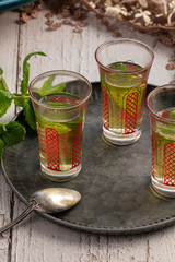 Glasses of mint tea on a tray