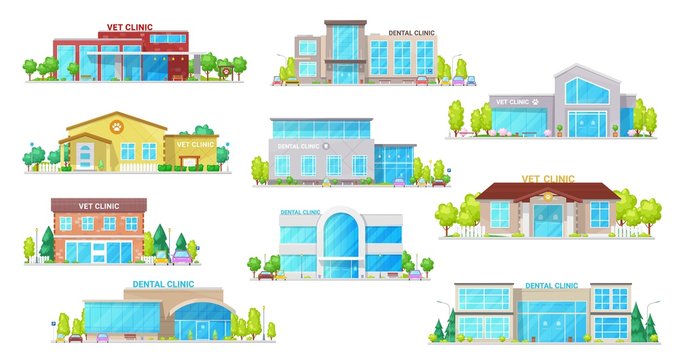 Dental And Vet Clinic Building Vector Icons With Dentistry And Veterinary Medicine Hospitals. Dentist And Veterinarian Doctor Office Exterior Facades With Windows, Doors, Trees And Car Parkings