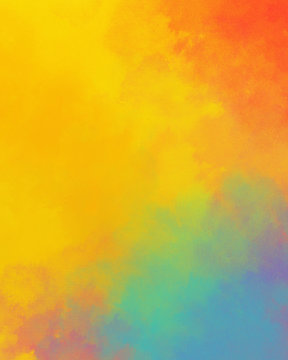 Watercolor background in colorful yellow blue red and orange colors, rainbow color background design with bright abstract color splash border, Easter sunrise in cloudy sky concept