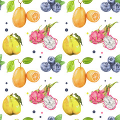 Seamless pattern with bright, juicy exotic fruits. On a white background Dragon fruit, citrus, blueberry and pear. For use on fabrics, prints, wallpaper, wrapping paper and covers. Summer ornament.