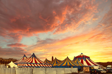 Red and white circus tents topped with bleu starred cover against a sunny blue sky with clouds - obrazy, fototapety, plakaty