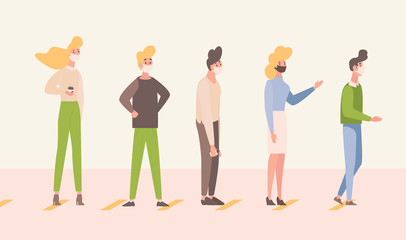Fototapeta premium People stand in line and keep social distance vector flat illustration. People keep distance to protect Coronavirus.