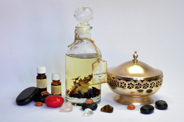 spa still life with essential oils and flowers