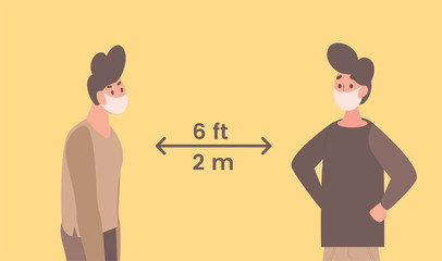 Men in face masks keep social distance in public 6 feet or 2 meters during Coronavirus outbreak vector flat illustration.