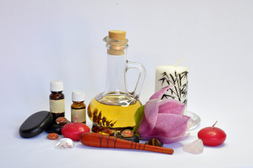 spa still life with essential oils and flowers