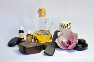 spa still life with essential oils and flowers
