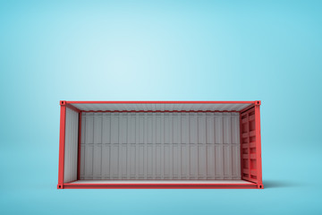 3d rendering of empty red cargo container with one side off standing on light blue background.