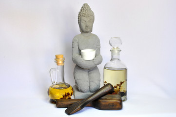 spa still life with essential oils and flowers