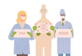 Doctors in uniform, protective suits and medical masks hold placards with words stay at home vector flat illustration.