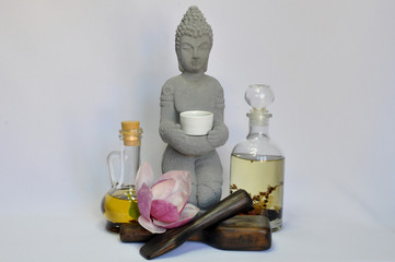 spa still life with essential oils and flowers