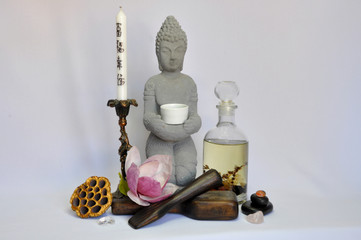 spa still life with essential oils and flowers