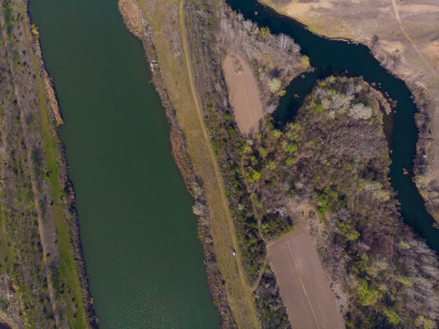 Danube Canal Tisa Danube Connects to the Karas river. Aerial photography.