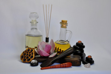 spa still life with essential oils and flowers