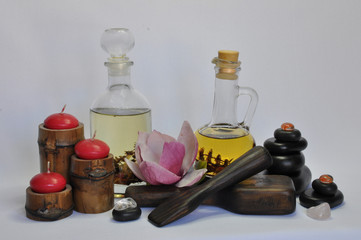 spa still life with essential oils and flowers