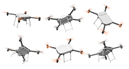 3d rendering of six drones isolated on white background