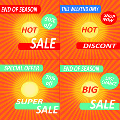 Fototapeta premium Poster summer sale, end of season, special offer. Invitation banner discounts. Design bright with sunshine and sunbeams.