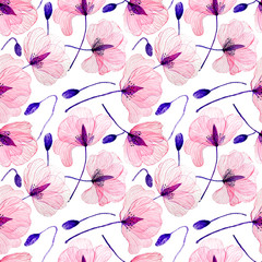 Seamless pattern of transparent watercolor poppies and buds.