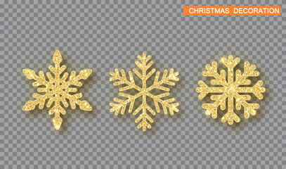 Gold Christmas decoration set. Golden glitter covered snowflake