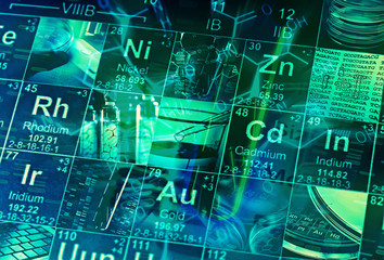 Periodic table of elements and laboratory tools. Science concept.