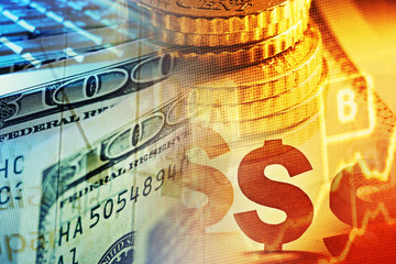 Euro coins and us dollar banknote background. Finance concept.