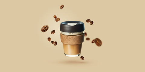 Mockup with flying reusable takeaway coffee cup with coffee beans. Reusable coffee cups. Zero waste. Template for coffee menu.