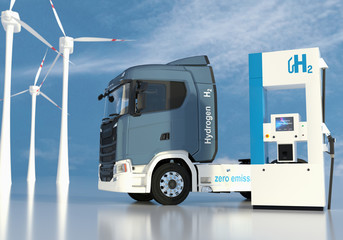 hydrogen logo on gas stations fuel dispenser. h2 combustion Truck engine for emission free...