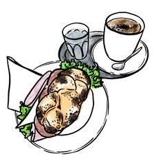 Tasty breakfast with sandwich on plate, cup of coffee and glass of water. Black and white hand drawn sketch of lunch. Bruschetta with salami, cheese, salad, poppy seeds. Simple and elegant design