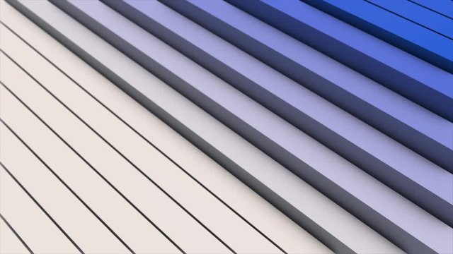 Abstract texture with volumetric diagonal lines. Animation. 3D minimalistic background with flowing white and blue stripes looking like stairs, seamless loop.
