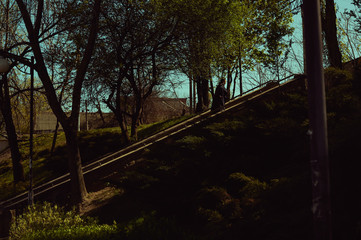 girl climbs the stairs among the trees