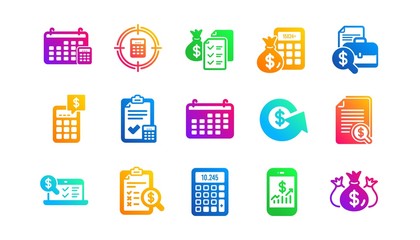 Report, Calculator and Checklist. Accounting icons. Money classic icon set. Gradient patterns. Quality signs set. Vector