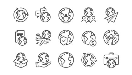 World business line icons set. Financial transactions, translate language, outsource business. International organization, global law, world map icons. Delivery service, global outsource. Vector