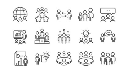 Obraz na płótnie Canvas Meeting line icons set. People, classroom job, seminar. Team, work and business idea icons. Discussion, conference classroom, people management. Presentation, office meeting, consultation. Vector