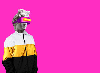 Modern art collage. Concept Gypsum head of Apollo man in vr glasses . On a pink background.
