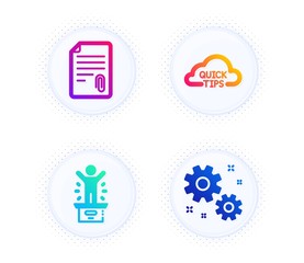 Attachment, Quick tips and Winner podium icons simple set. Button with halftone dots. Work sign. Attach file, Helpful tricks, First place. Settings. Education set. Vector