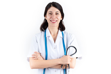 Young woman doctor with stethoscope and tape measure.Isolated on white background. Healthcare and medicine concept.