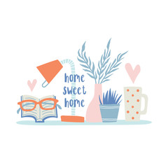 Cozy hand drawn shelf arrangement with home objects.