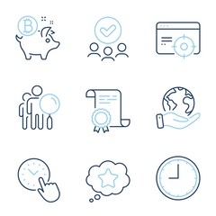 Time, Time management and Bitcoin coin line icons set. Diploma certificate, save planet, group of people. Search people, Seo targeting and Loyalty star signs. Vector