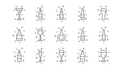 Beer drinks, Wine glass and Whiskey bottle. Bottles line icons. Champagne linear icon set. Geometric elements. Quality signs set. Vector