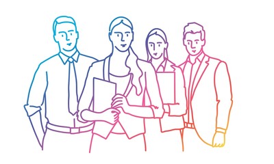 Teamwork. Group of business people. Rainbow colors in linear vector illustration.