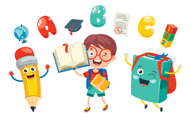 Happy Cute Cartoon School Children