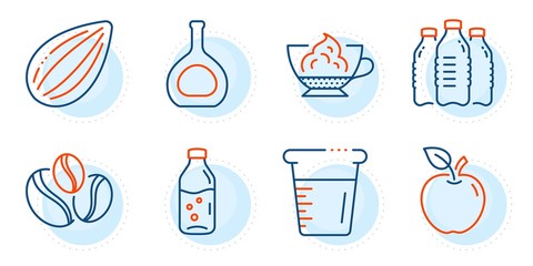 Cognac bottle, Almond nut and Cooking beaker signs. Espresso cream, Apple and Coffee-berry beans line icons set. Water bottles, Water bottle symbols. Cafe con panna, Fruit. Outline icons set. Vector