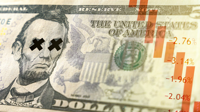 Global economic crisis of 2020 concept. Red trend line indicates the stock market recession period. Dollar bill close up