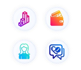 3d chart, Debit card and Woman icons simple set. Button with halftone dots. Medical drugs sign. Presentation column, Wallet with credit card, Girl profile. Medicine pills. Business set. Vector