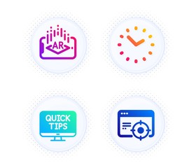 Time, Augmented reality and Web tutorials icons simple set. Button with halftone dots. Seo targeting sign. Clock, Phone simulation, Quick tips. Performance. Science set. Vector