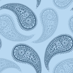 Paisley pattern light blue pale background, seamless floral ornament, vector simple vintage design. Abstract vintage Paisley pattern decoration, dark and light blue colors floral fabric background
