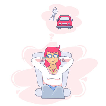 Vector drawing of a sitting and dreaming girl with closed eyes. Above it is a cloud with a picture of keys and a car.