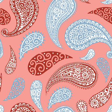 Paisley pattern background, seamless floral ornament, vector simple vintage style design. Abstract vintage Paisley pattern decoration, red, pink, pastel light blue and white pale color background
