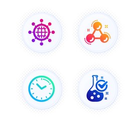 International globe, Chemistry molecule and Time icons simple set. Button with halftone dots. Chemistry lab sign. World networking, Laboratory atom, Clock. Laboratory flask. Education set. Vector